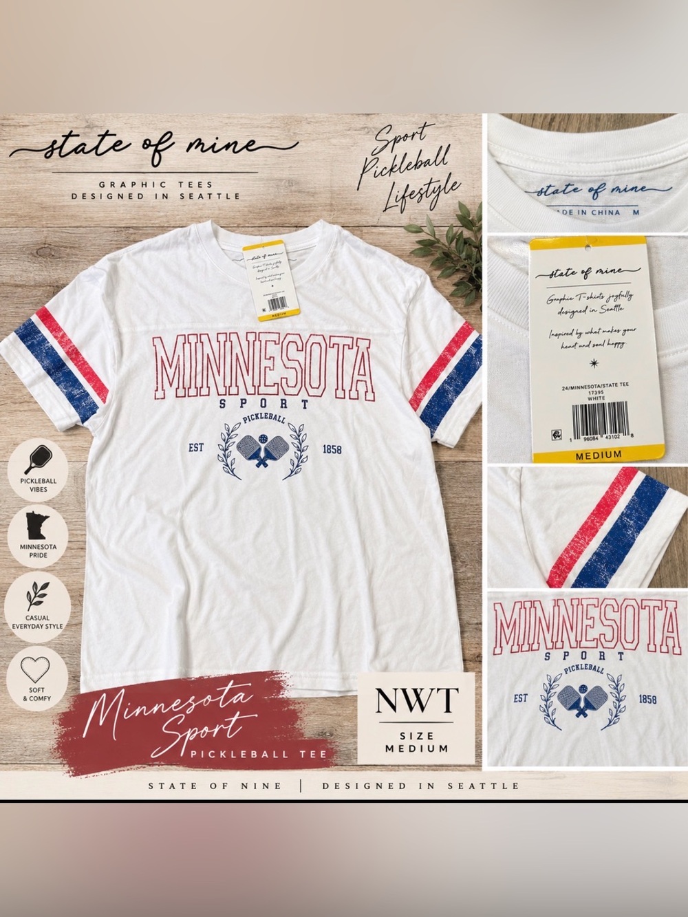 State of Mine Minnesota Pickleball Graphic Tee โ Size Medium NWT